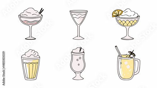 Illustration of six different types of drinks in glasses with toppings like whipped cream and lemon slice