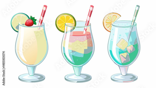 Illustration of three cocktail glasses filled with colorful drinks and fruit garnish on a white background
