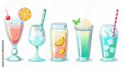 Illustration of five different refreshing drinks with various garnishes and colorful straws on a white background