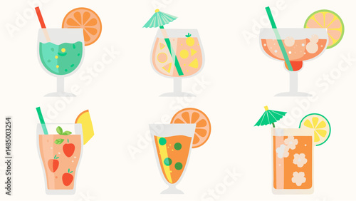 Illustration of six colorful cocktails with fruit slices and straws on a white background surface area