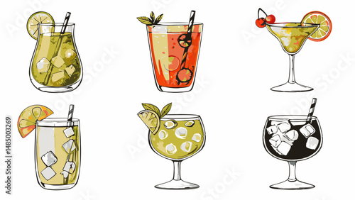 Illustration of six different cocktails with ice, fruit slices, straws, and mint on a white background
