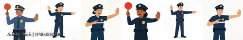 Collection of male police officers regulating traffic in vector flat design style