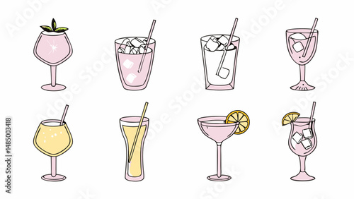 Illustration of eight different cocktails in glasses with straws and garnish on a white background