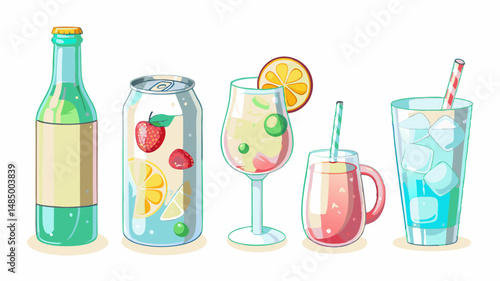 Illustration of various beverages including a bottle, can, and glasses with fruit and ice cubes