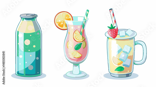 Illustration of three refreshing drinks including a bottle, a cocktail, and a strawberry lemonade