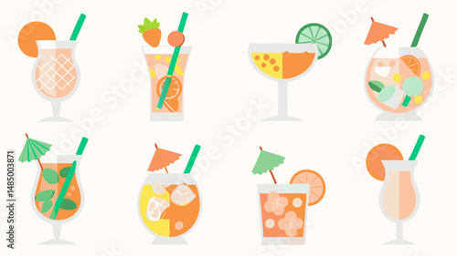 Illustration of eight different cocktails with various garnishes and straws on a white background