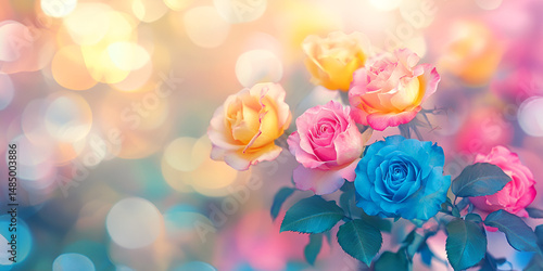 Vibrant Blue and Pink Roses in a Soft Light Setting – Striking Floral Contrast for Creative Backgrounds, Romantic Themes, and Wedding Graphics