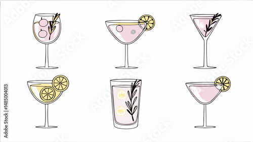 Illustration of six cocktail glasses filled with drinks and garnished with lemon and rosemary sprigs