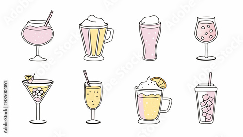 Illustration of various stylized drinks including cocktails smoothies and beverages with toppings and straws