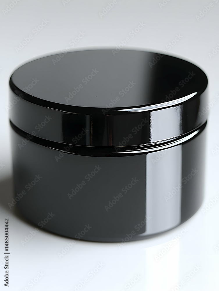 A sleek, cylindrical black jar with a glossy, high-shine finish and a snug-fitting lid, sits on a bright white background, exhibiting a simple, elegant design ideal for cosmetics or ointments A sleek, cylindrical black jar with a glossy, high-shine finish and a snug-fitting lid, sits on a bright white background, exhibiting a simple, elegant design ideal for cosmetics or ointments