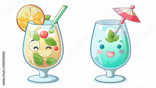 Two cartoon cocktails with smiling faces and garnishes of fruit and mint leaves against a white background