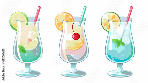 Three colorful cocktails in tall glasses with fruit slices and straws on a white background image style