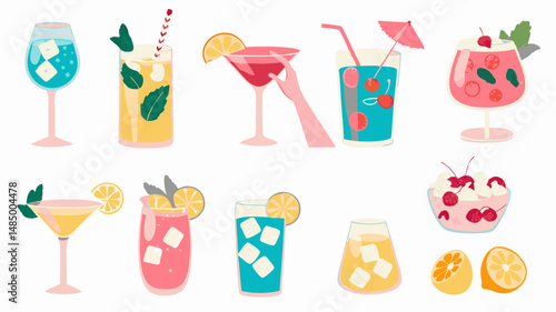 Illustration showing a collection of colorful cocktails with fruit and ice cubes on a white background