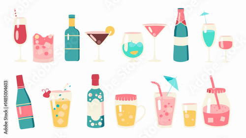 Illustration of various alcoholic and non alcoholic beverages in bottles and glasses on a white background