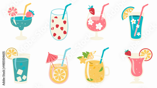 Illustration of eight colorful summer cocktails with straws and fruit decorations isolated on white background