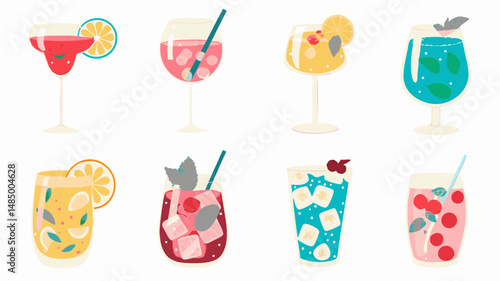 Illustration of an assortment of colorful cocktails and drinks with various garnishes and ice cubes
