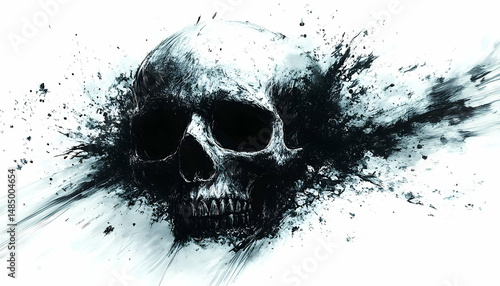 Eerie human skull explodes in dark, swirling hues on white, creating a haunting and disintegrating visual impact