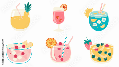 Illustration of various summer cocktails with fruit slices and straws on a white background design style