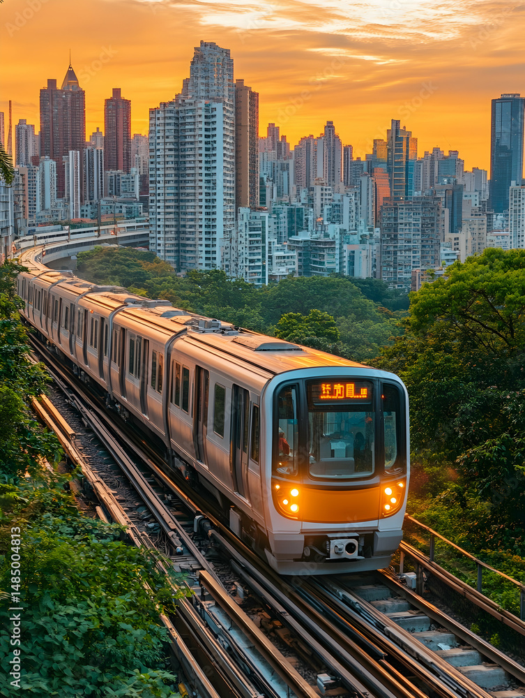 Naklejka premium Elevated train speeds through a vibrant cityscape at sunset, its sleek cars contrasting against the warm sky and lush greenery