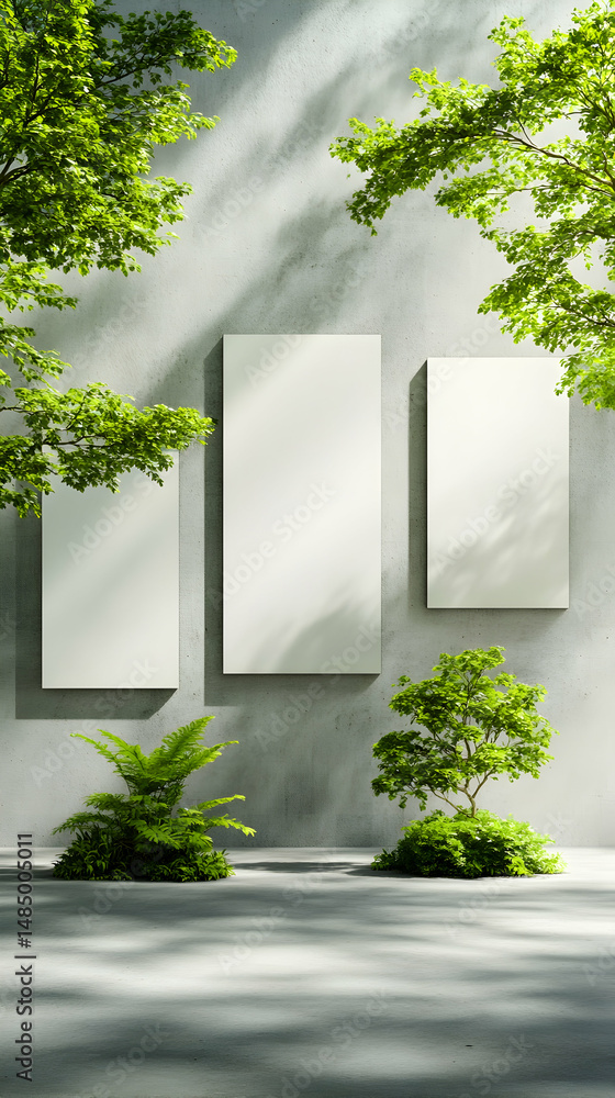 Fototapeta premium Three blank canvases hang on a light grey wall, flanked by lush green foliage and dappled sunlight. A minimalist, serene scene ideal for showcasing artwork or product displays