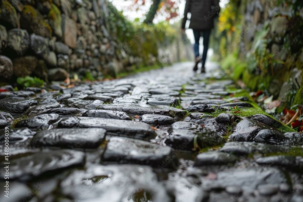 Fototapeta premium Person Walking on a Wet Cobblestone Path Between Stone Walls Varient 3