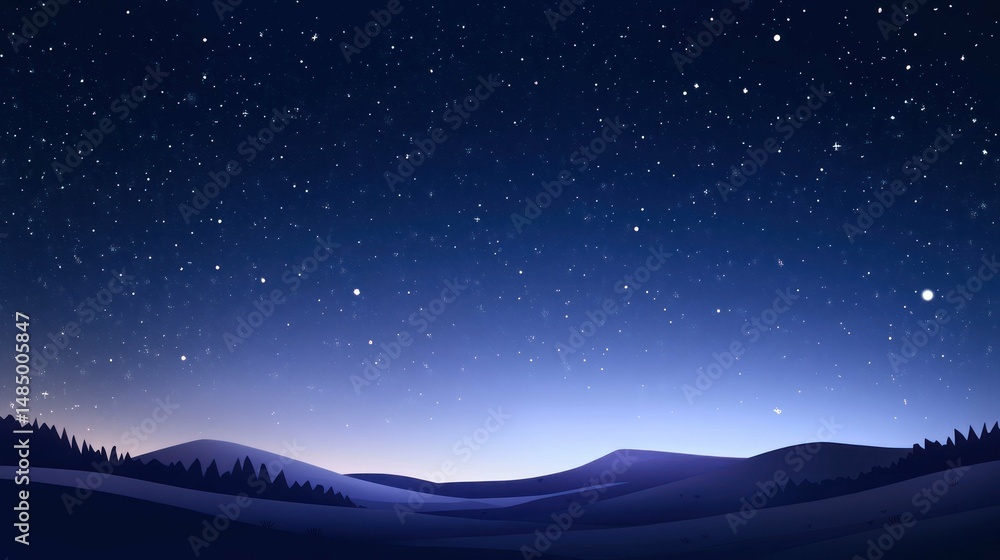 Fototapeta premium Serene illustration of a starry night sky over hills and trees.