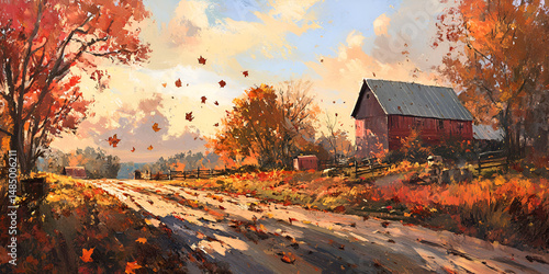 Charming Autumn Landscape with a Rustic Farmhouse Surrounded by Colorful Falling Leaves – Warm Golden Hour Countryside Scene Ideal for Fall Season Themes and Nature Backgrounds