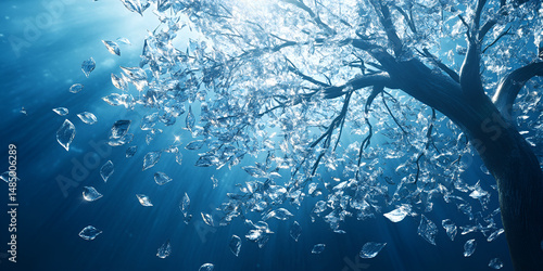 Frozen Tree Covered in Glittering Snow Under a Crystal Clear Blue Sky – Tranquil Winter Scene Perfect for Seasonal Themes and Peaceful Nature Backgrounds