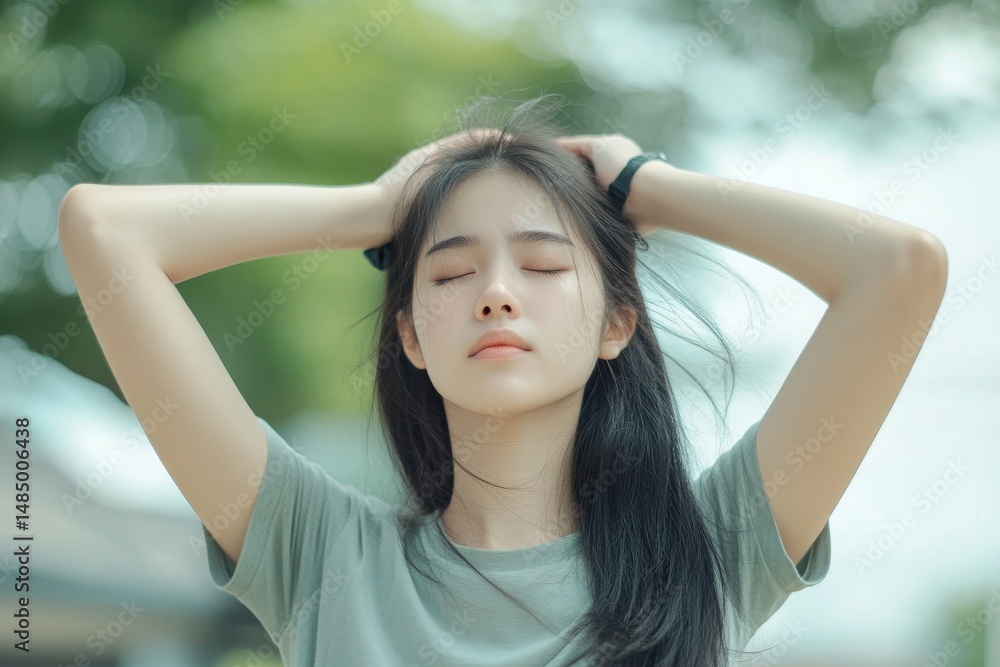 A young woman with her eyes closed and hands behind her head in a serene outdoor setting with lush foliage A young woman with her eyes closed and hands behind her head in a serene outdoor setting with lush foliage