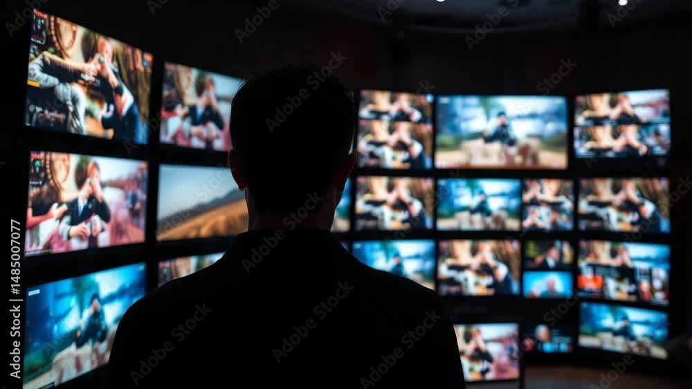 A viewer of a video wall featuring many television screens displaying multimedia pictures A viewer of a video wall featuring many television screens displaying multimedia pictures