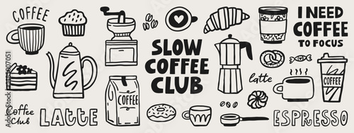 Slow coffee club doodle graphic elements. Hand drawn vector set. Coffee lettering quote
