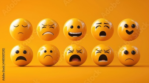collection of nine 3D emoticon faces in varying expressions like joy, sadness, excitement, annoyance, laughter, fear, surprise, serenity, and love against a bright orange background.