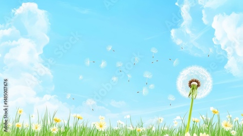 Dandelion seeds scatter on a sunny field under a blue sky.