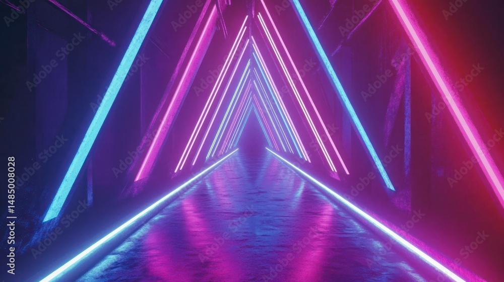 Futuristic neon tunnel with glowing blue and pink triangular lights. Futuristic neon tunnel with glowing blue and pink triangular lights.