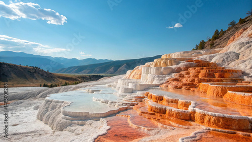 Fototapeta Naklejka Na Ścianę i Meble -  Stunning view of mammoth hot springs terraces in yellowstone national park under blue sky