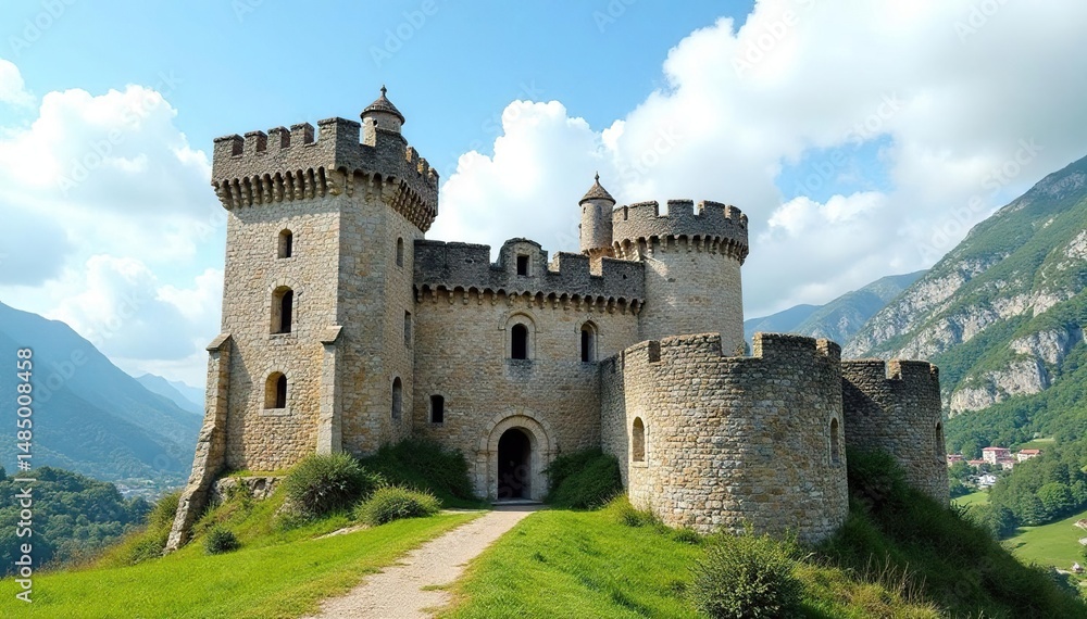 Ancient stone castle, weathered towers, majestic facade, fortress, gate Ancient stone castle, weathered towers, majestic facade, fortress, gate