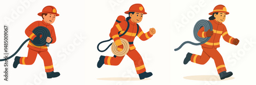 Collection of firefighters running with water hose style vector flat design