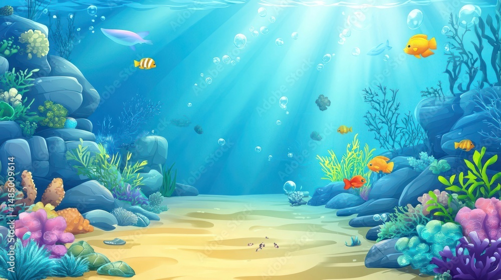 Fototapeta premium An underwater cartoon scene with fish, coral, and sunbeams.