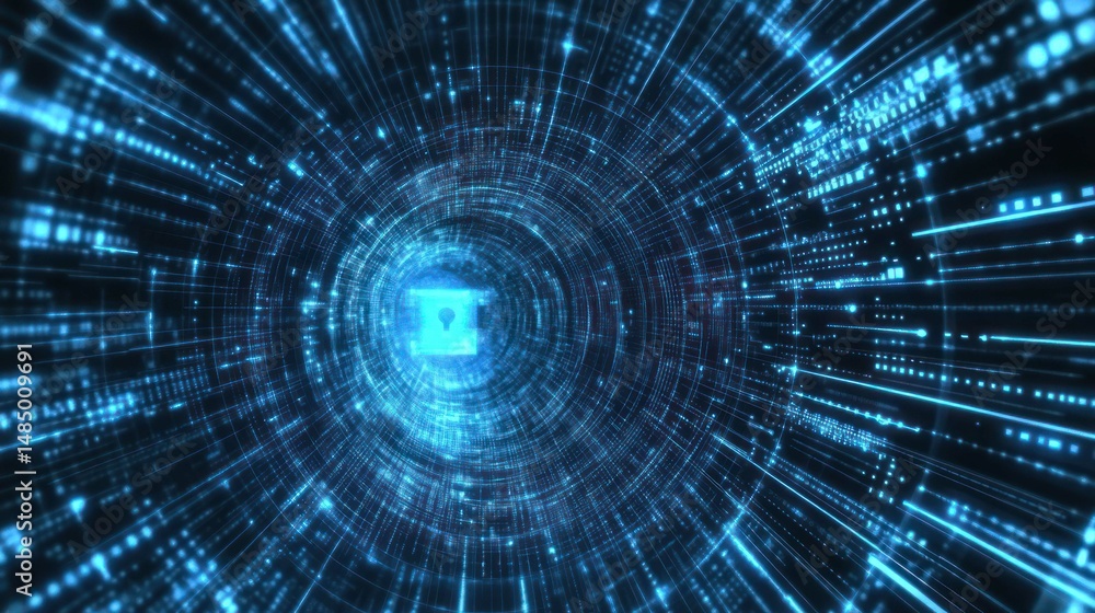 Obraz premium Abstract blue digital data tunnel, network, and glowing security lock.