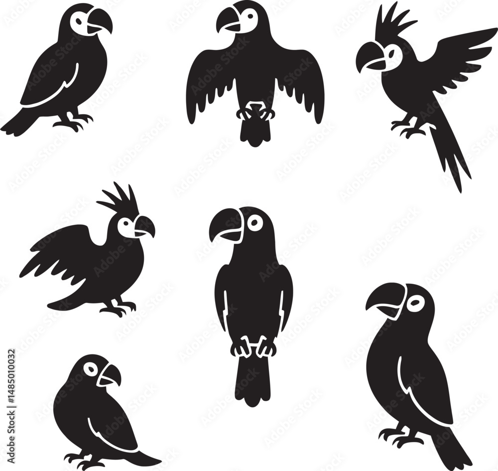 A set of black and white vector parrots in various poses. A set of black and white vector parrots in various poses.