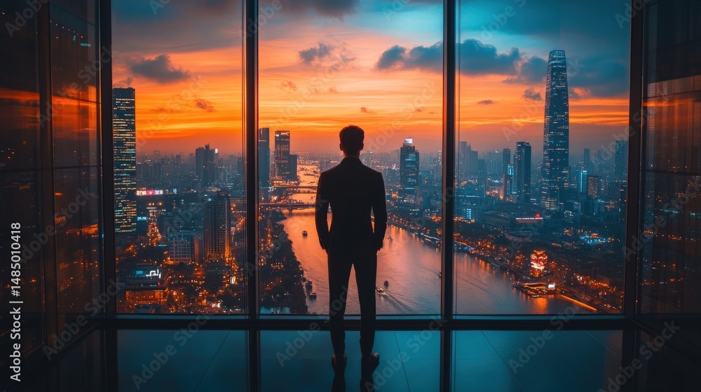 Man contemplating city skyline at sunset Man contemplating city skyline at sunset