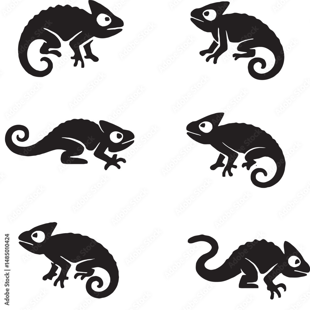 Naklejka premium A set of black and white vector lizards/chameleons in varied pose. 