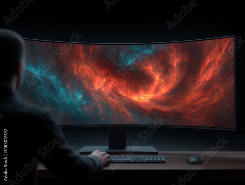 Captivating cosmic visualization on a sleek curved monitor showcasing a vibrant explosion of fiery red and deep blue nebula with dramatic lighting creating an immersive digital experience photo
