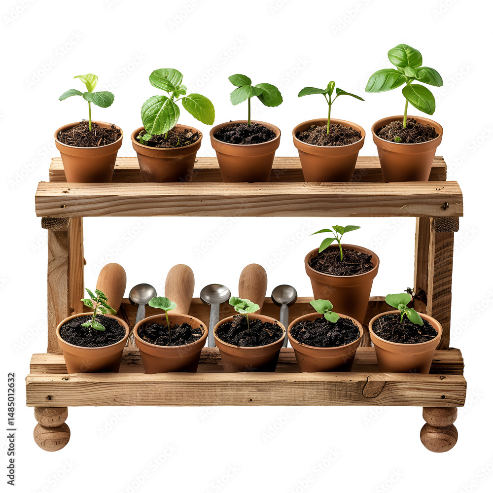 Fototapeta premium Seedlings growing in terracotta pots on wooden shelf
