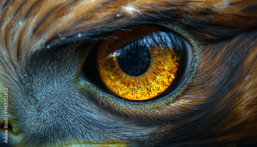 Macro Close-Up of Eagle Eye with Sharp Golden Iris and Detailed Feathers
