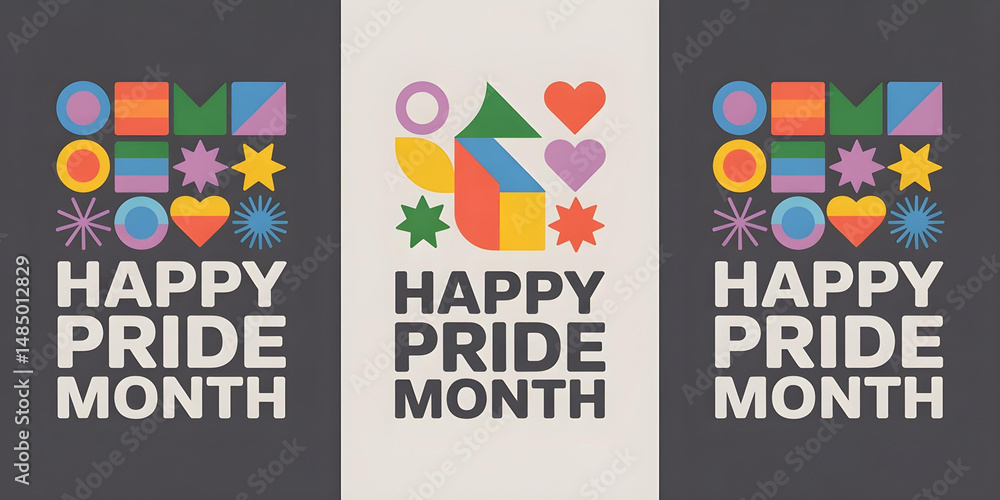 Fototapeta premium happy pride month colorful geometric design with modern lgbt symbols and bold typography on black and white backgrounds