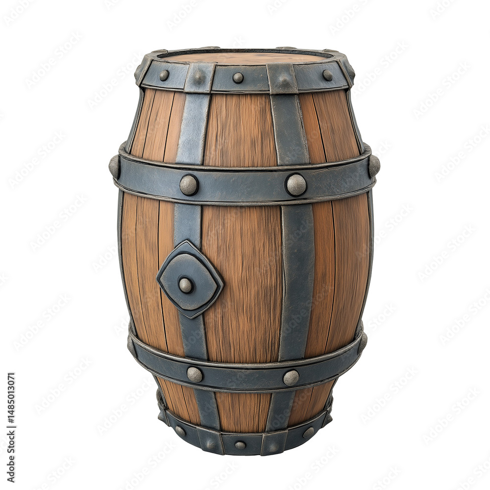 Obraz premium Classic Wooden Barrel with Metal Hoops isolated on transparent white background, clipping path