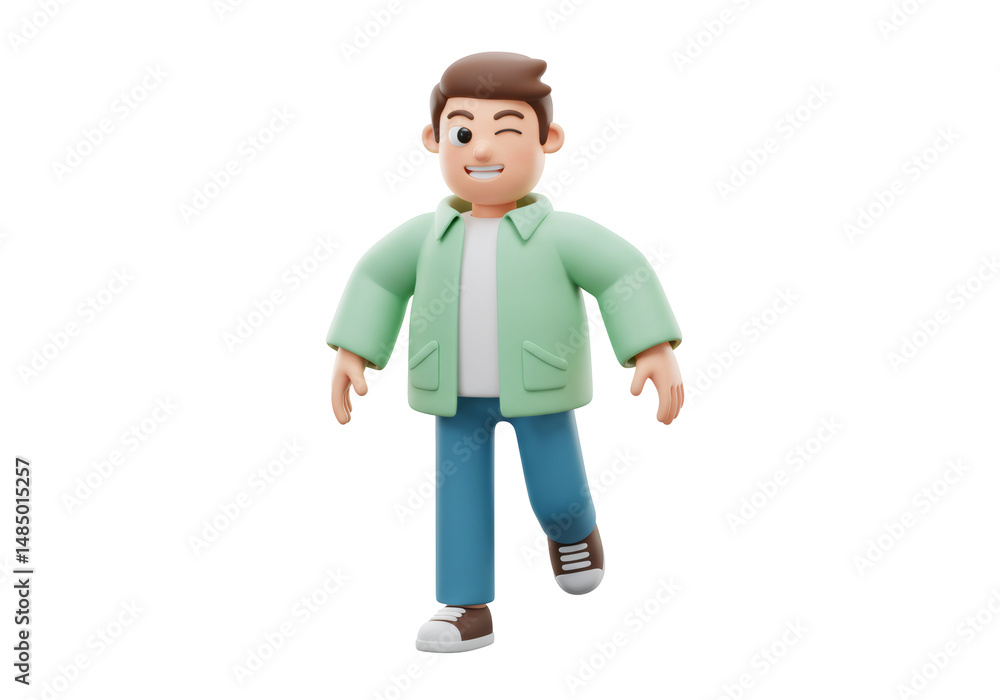 緑のジャケットを着た漫画風の男性キャラクターが透明な背景でウインクしながら歩く3Dレンダリング画像 緑のジャケットを着た漫画風の男性キャラクターが透明な背景でウインクしながら歩く3Dレンダリング画像