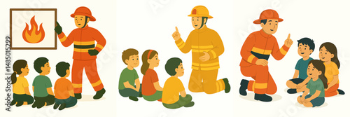 Firefighter collection provides education to children in vector flat design style