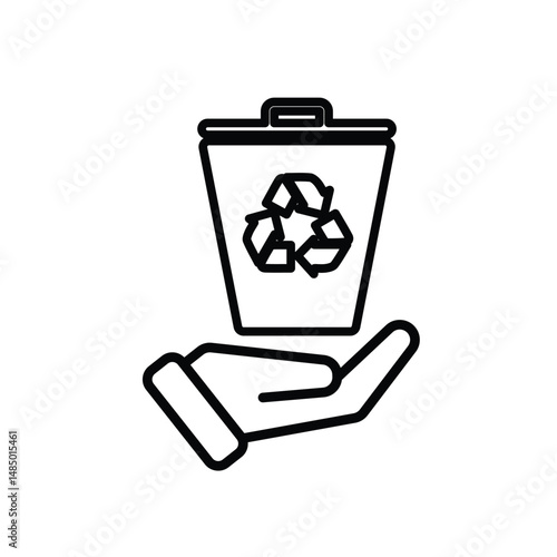 trash bin icon. recycling symbol in hand. sustainability. reuse web icon, eco-friendly, used goods, green energy. Line design style